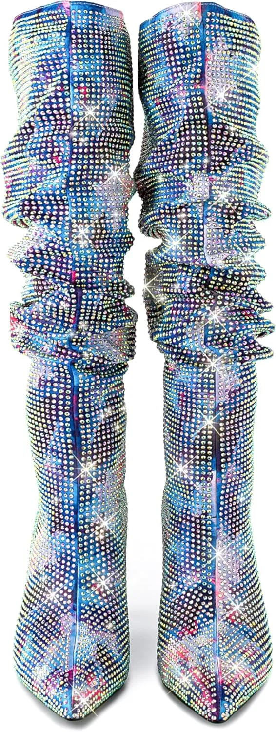 Women Sparkly Rhinestone Knee High Boots,Slouchy Stiletto Heels Boot, Pointed Toe Satin High Boots Pull On