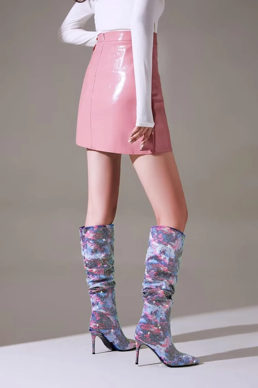 Women Sparkly Rhinestone Knee High Boots,Slouchy Stiletto Heels Boot, Pointed Toe Satin High Boots Pull On