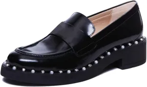 Women Vintage Chunky Low Heel Studded Loafers Closed Round Toe Slip On Pumps Office Business Outfit Shoes Size 4-16 US