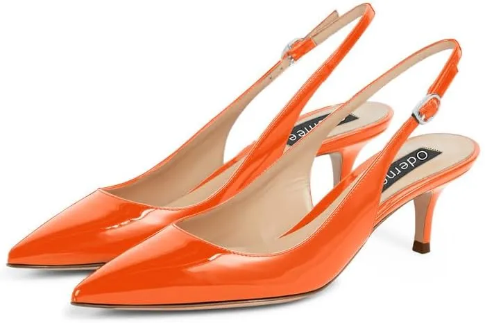 Women's 2 Inch Slingback Pointed Toe Slip On Patent Leather Buckle Strap Kitten Low Heel Sandals Dress Shoes Prom