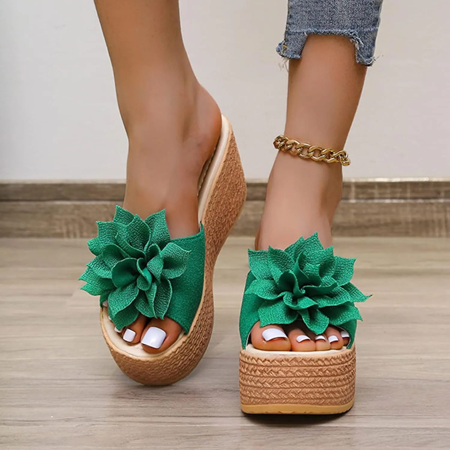 Women's 3D Flower Woven Platform Sandals Wedge Slides,Bohemia Casual Non-Slip Comfy Beach Fish Mouth Open Toes Sandals Dress Heels Slippers