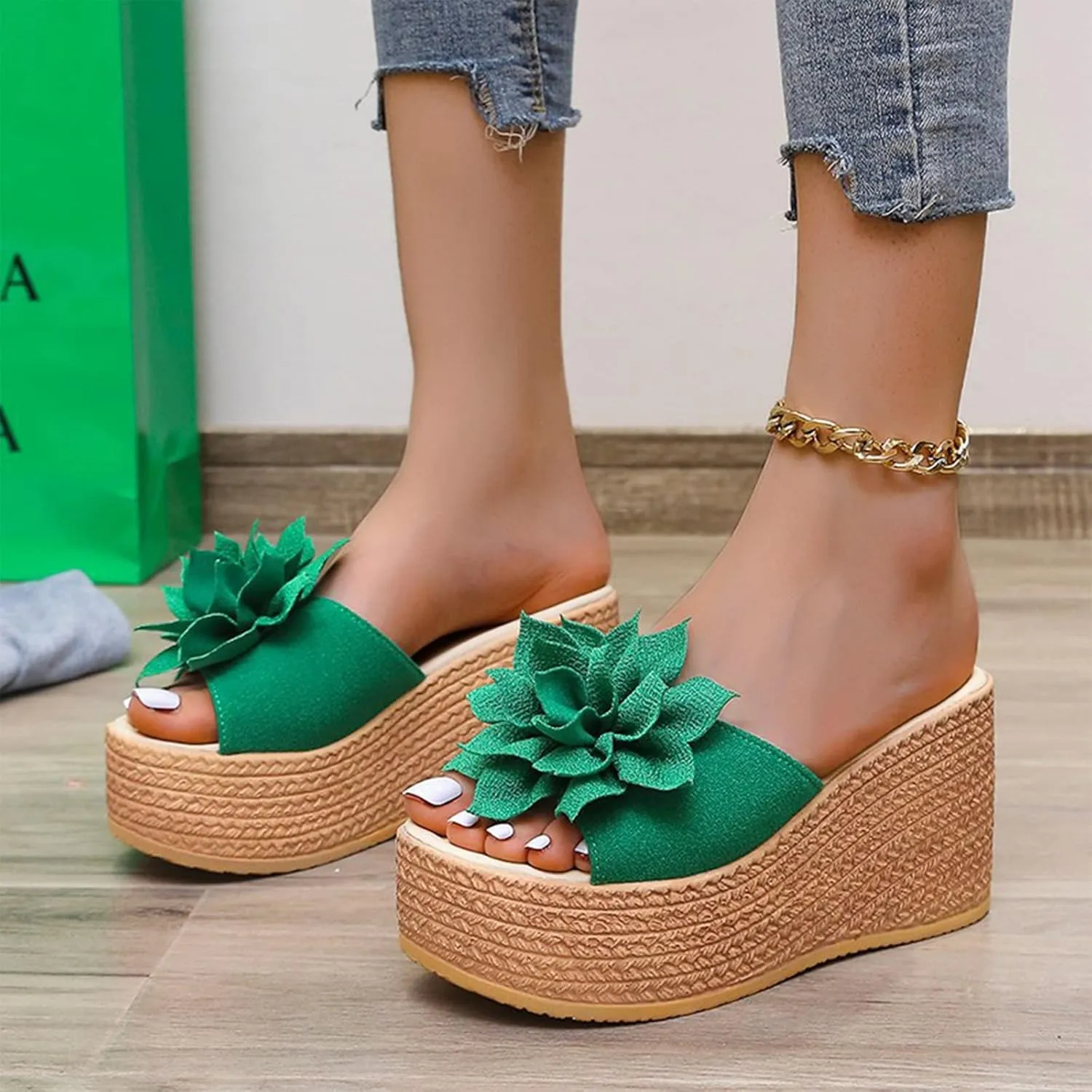 Women's 3D Flower Woven Platform Sandals Wedge Slides,Bohemia Casual Non-Slip Comfy Beach Fish Mouth Open Toes Sandals Dress Heels Slippers