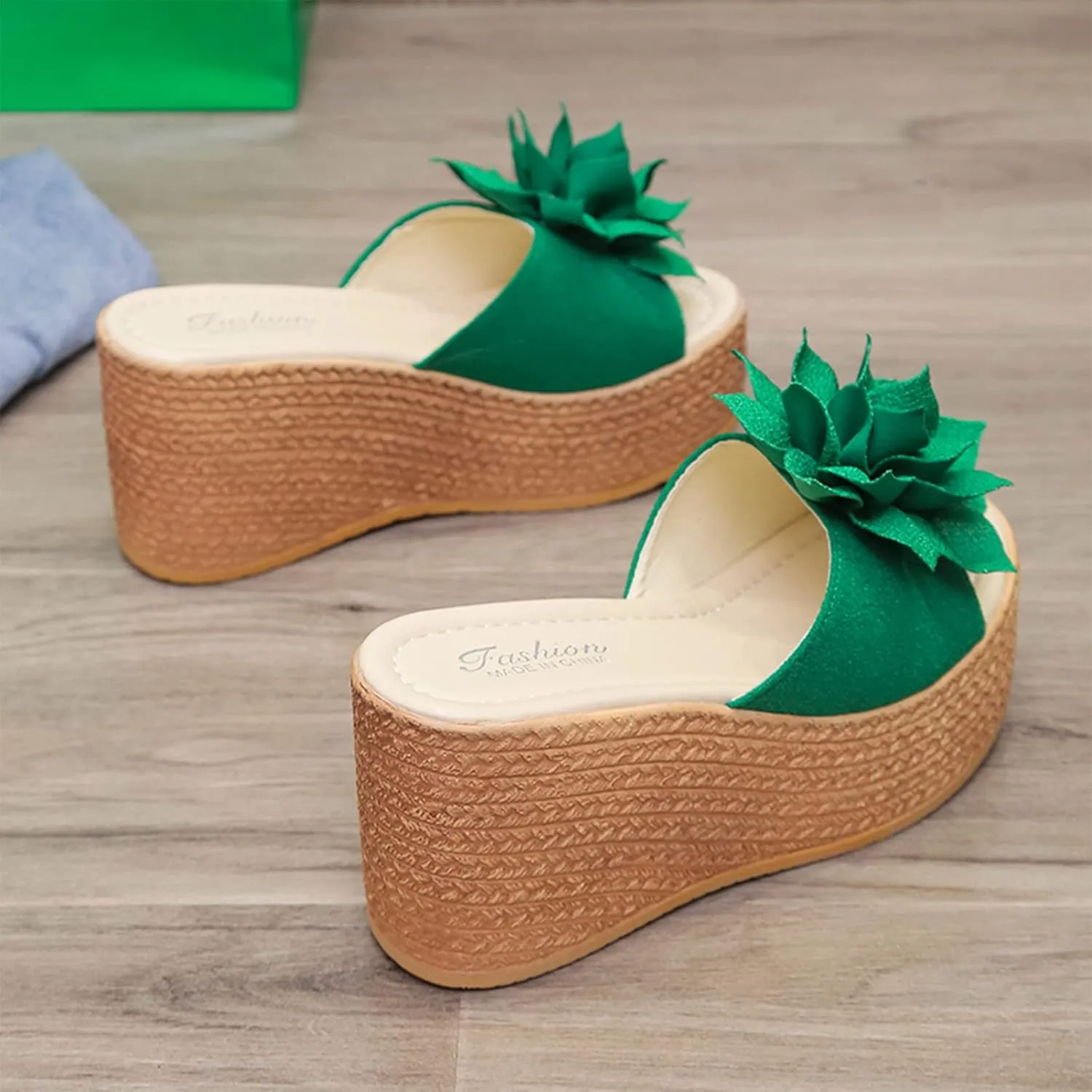 Women's 3D Flower Woven Platform Sandals Wedge Slides,Bohemia Casual Non-Slip Comfy Beach Fish Mouth Open Toes Sandals Dress Heels Slippers