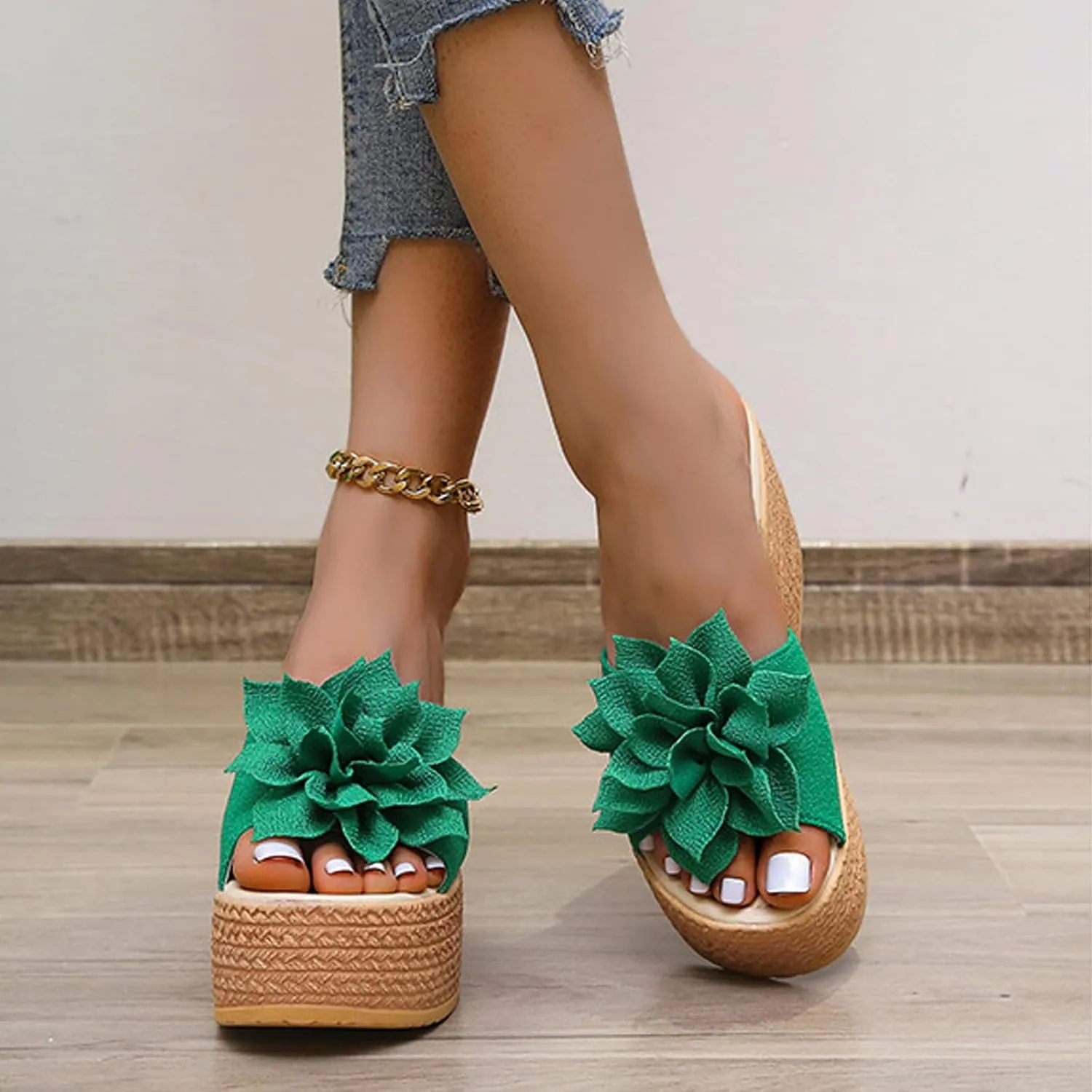 Women's 3D Flower Woven Platform Sandals Wedge Slides,Bohemia Casual Non-Slip Comfy Beach Fish Mouth Open Toes Sandals Dress Heels Slippers