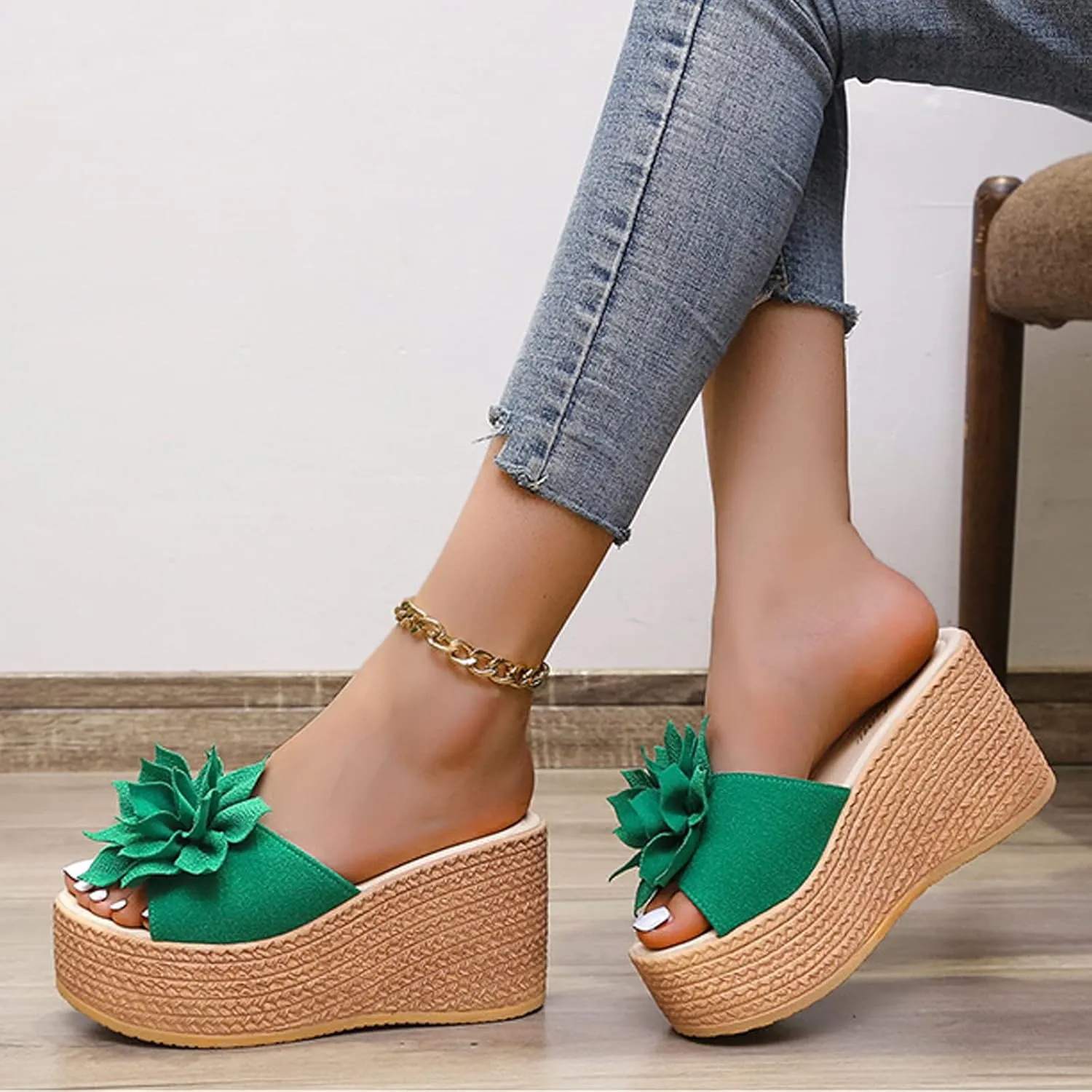 Women's 3D Flower Woven Platform Sandals Wedge Slides,Bohemia Casual Non-Slip Comfy Beach Fish Mouth Open Toes Sandals Dress Heels Slippers