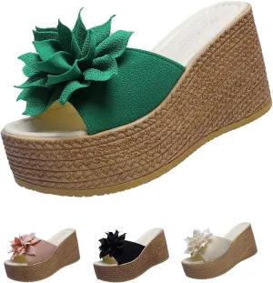 Women's 3D Flower Woven Platform Sandals Wedge Slides,Bohemia Casual Non-Slip Comfy Beach Fish Mouth Open Toes Sandals Dress Heels Slippers