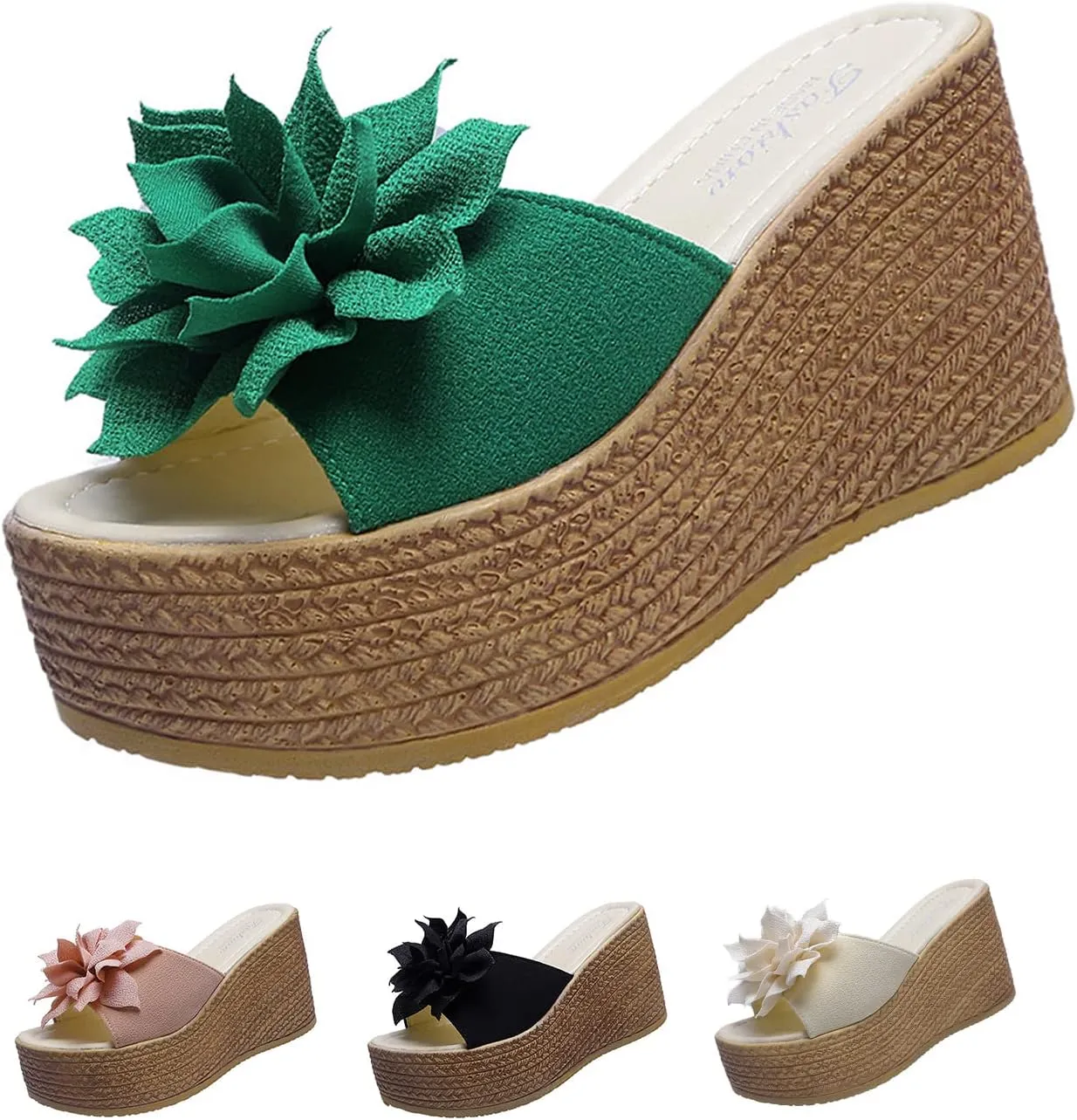 Women's 3D Flower Woven Platform Sandals Wedge Slides,Bohemia Casual Non-Slip Comfy Beach Fish Mouth Open Toes Sandals Dress Heels Slippers