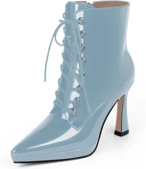Women's Ankle Boots Platform Stilettos High Heel Pointed Toe Lace Up Dress Booties