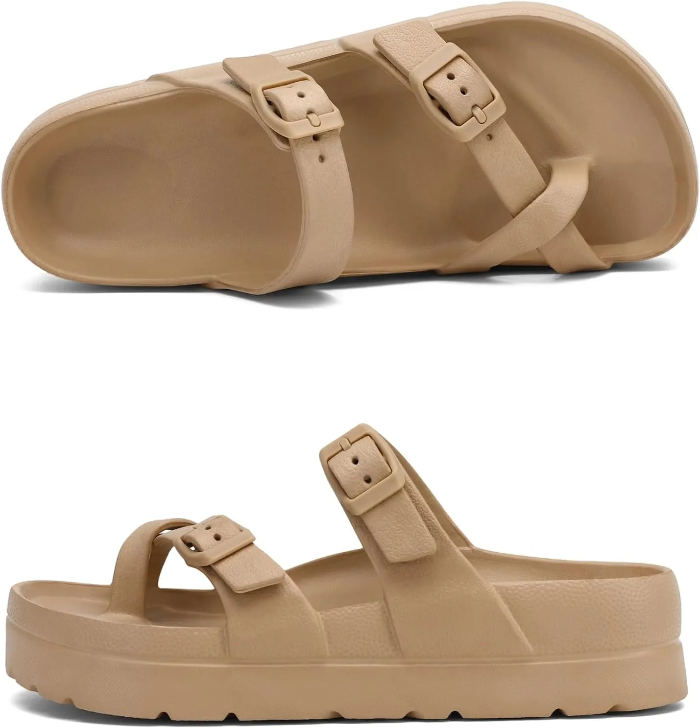 Womens Arch Support Platform Sandals Comfort Slides Thick Soles Flat Sandals With Adjustable Buckle & Ultra Cushion