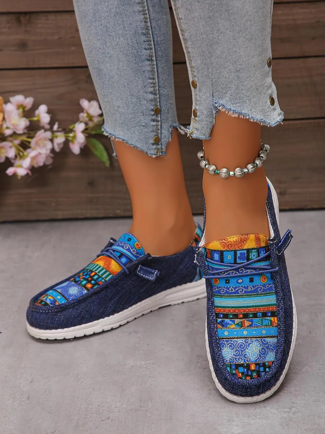 Women's Aztec Print Slip-On Loafers - Elastic Lace Comfort Shoes, Lightweight Foam Sole, Orthotic Support for Daily Wear, Trendy Casual Sneakers (US 6-11)