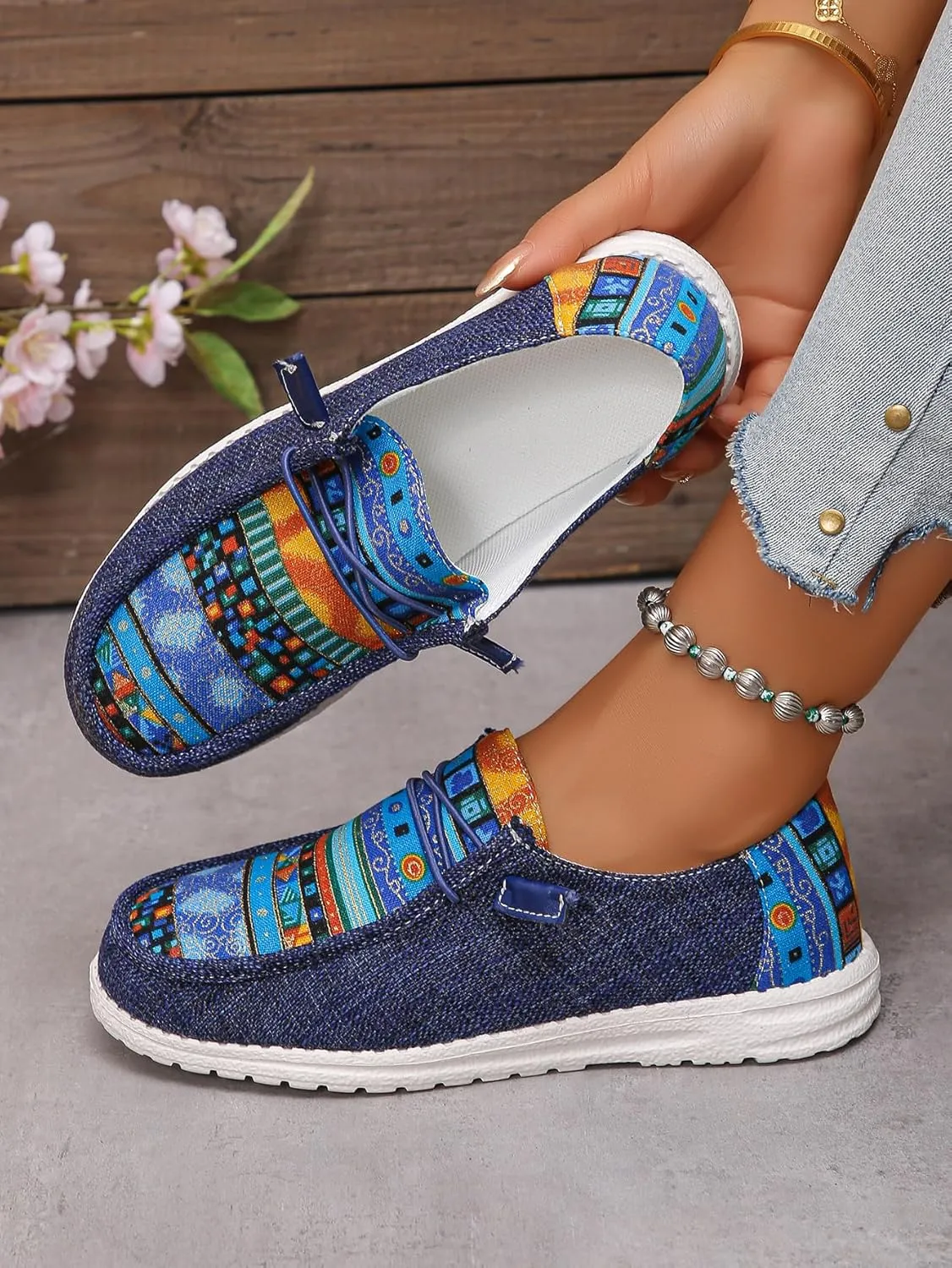 Women's Aztec Print Slip-On Loafers - Elastic Lace Comfort Shoes, Lightweight Foam Sole, Orthotic Support for Daily Wear, Trendy Casual Sneakers (US 6-11)
