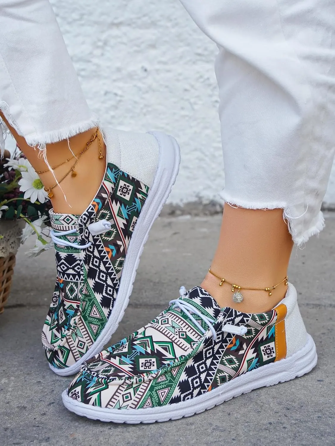 Women's Aztec Print Slip-On Loafers - Elastic Lace Comfort Shoes, Lightweight Foam Sole, Orthotic Support for Daily Wear, Trendy Casual Sneakers (US 6-11)