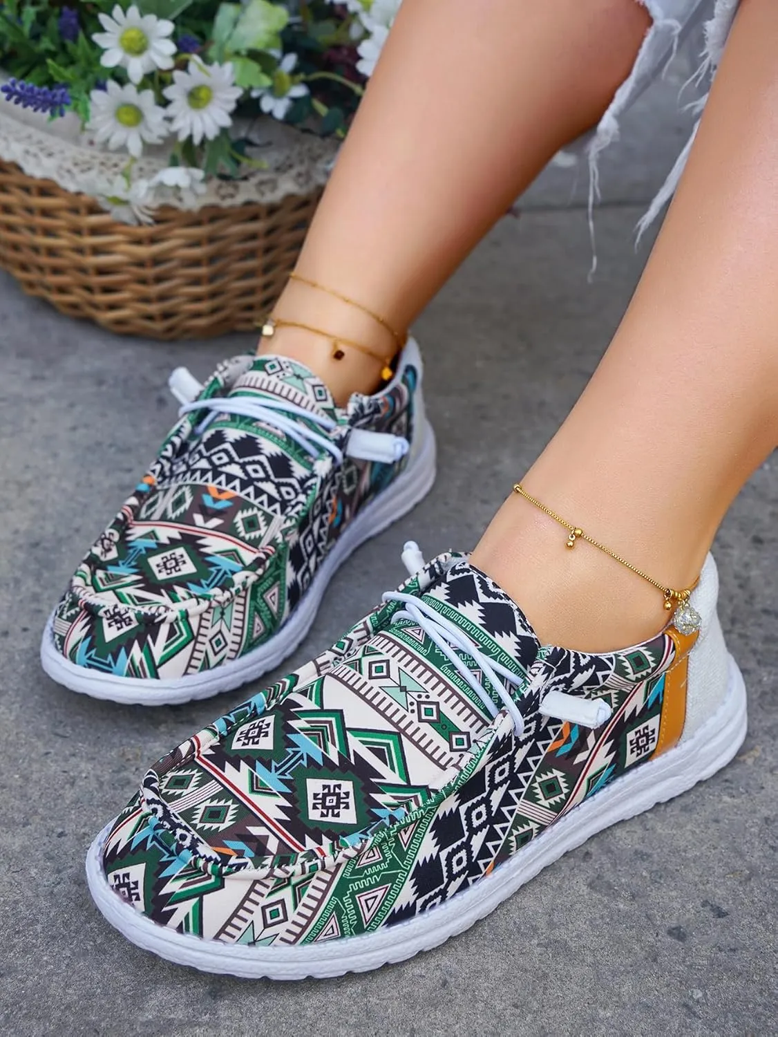 Women's Aztec Print Slip-On Loafers - Elastic Lace Comfort Shoes, Lightweight Foam Sole, Orthotic Support for Daily Wear, Trendy Casual Sneakers (US 6-11)