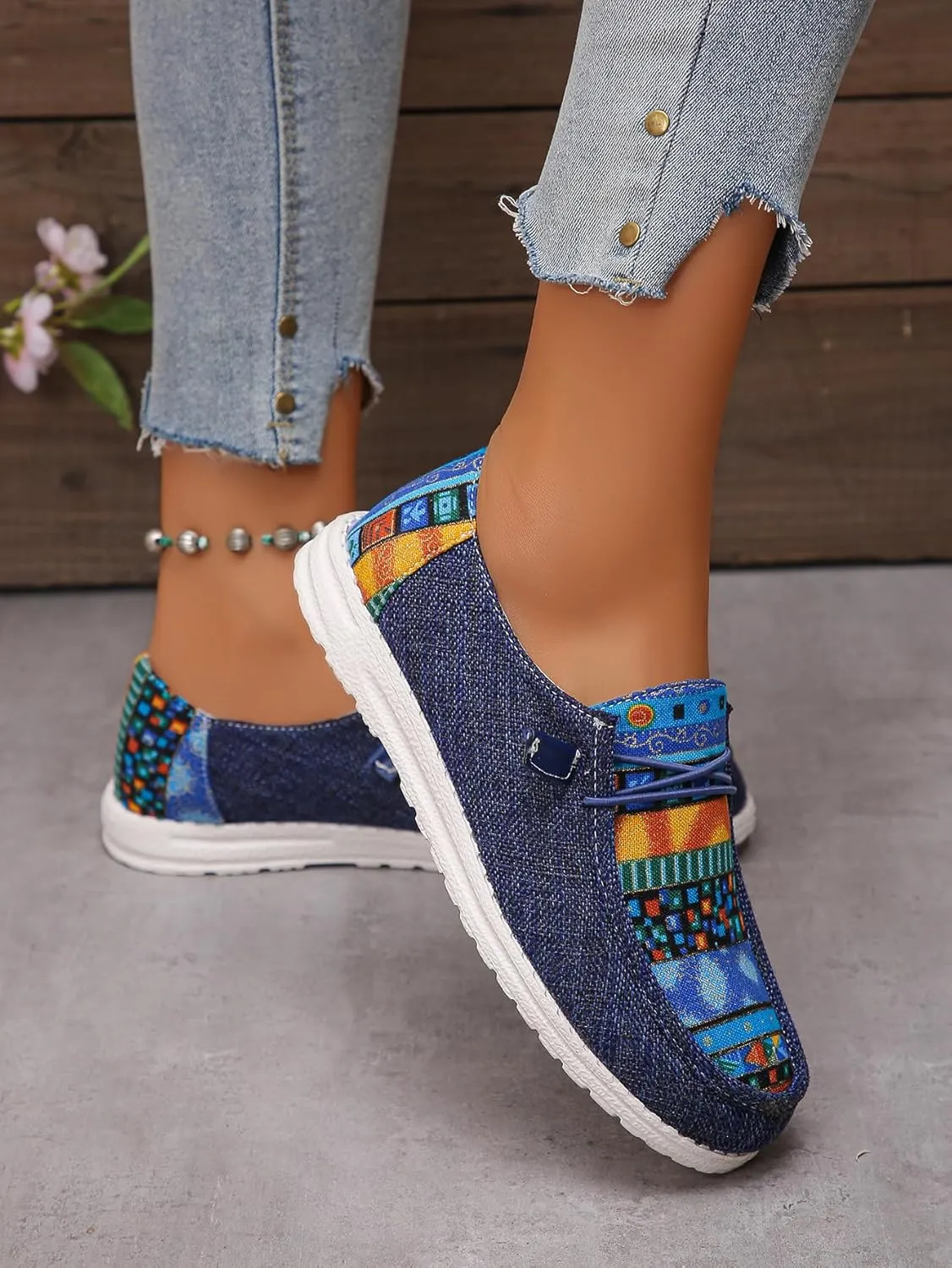 Women's Aztec Print Slip-On Loafers - Elastic Lace Comfort Shoes, Lightweight Foam Sole, Orthotic Support for Daily Wear, Trendy Casual Sneakers (US 6-11)