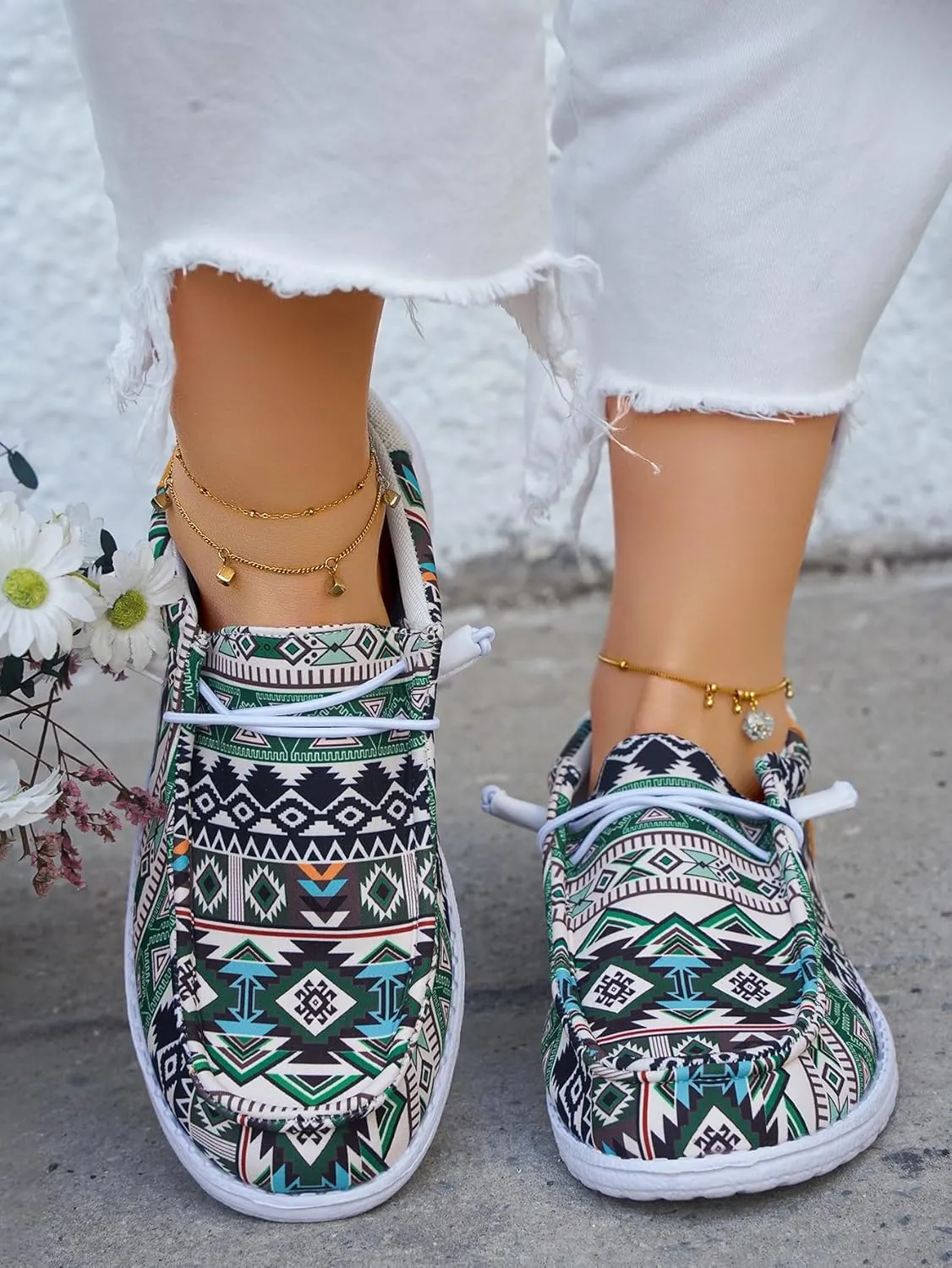 Women's Aztec Print Slip-On Loafers - Elastic Lace Comfort Shoes, Lightweight Foam Sole, Orthotic Support for Daily Wear, Trendy Casual Sneakers (US 6-11)