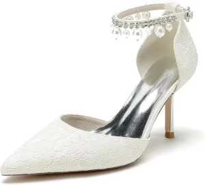 Women's Bridal Heels Lace & Pearl Ankle Strap Stiletto Pumps (3.34"/8.5cm) Elegant Closed-Toe Wedding Shoes for Party & Special Occasions