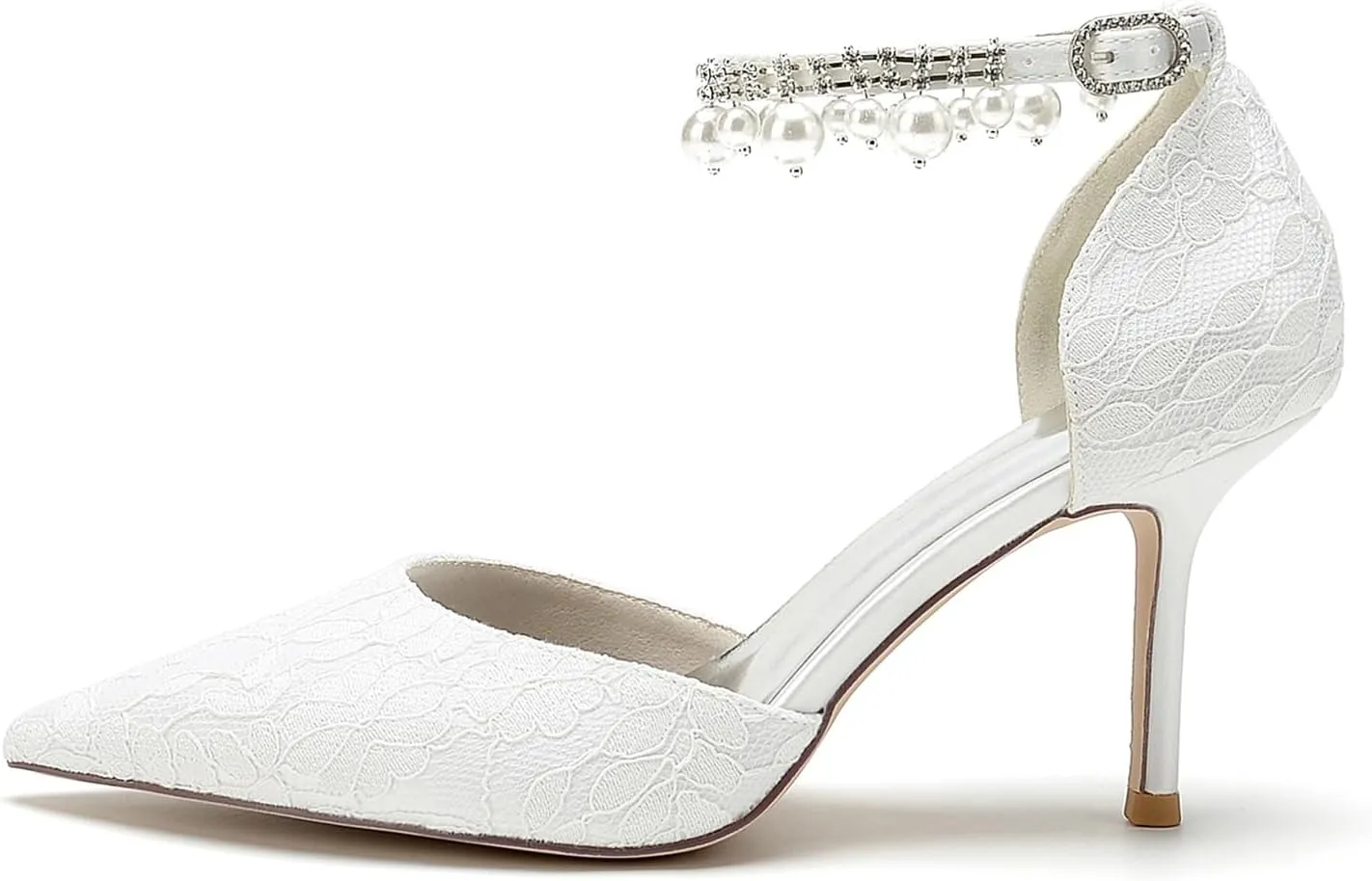 Women's Bridal Heels Lace & Pearl Ankle Strap Stiletto Pumps (3.34"/8.5cm) Elegant Closed-Toe Wedding Shoes for Party & Special Occasions