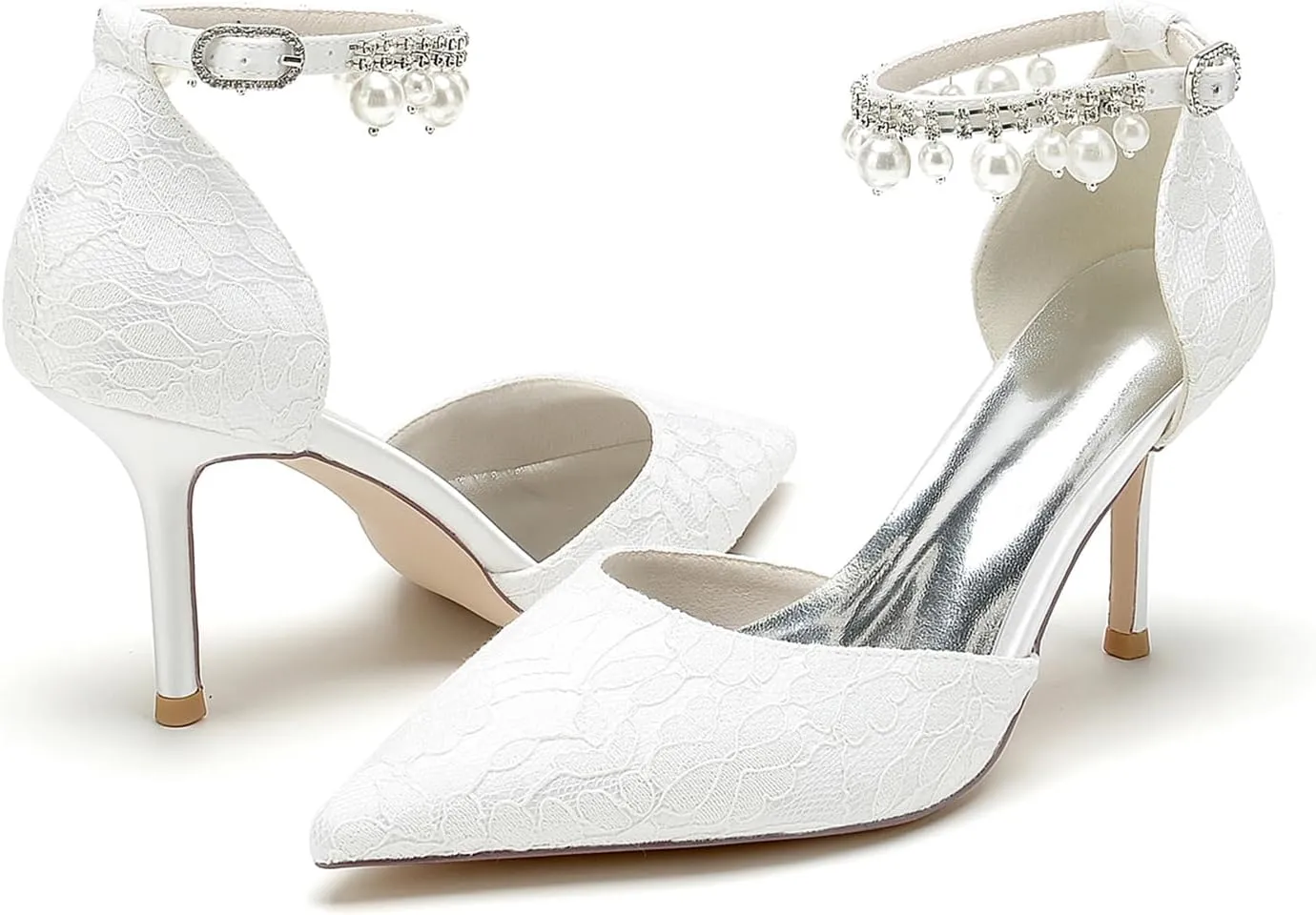 Women's Bridal Heels Lace & Pearl Ankle Strap Stiletto Pumps (3.34"/8.5cm) Elegant Closed-Toe Wedding Shoes for Party & Special Occasions