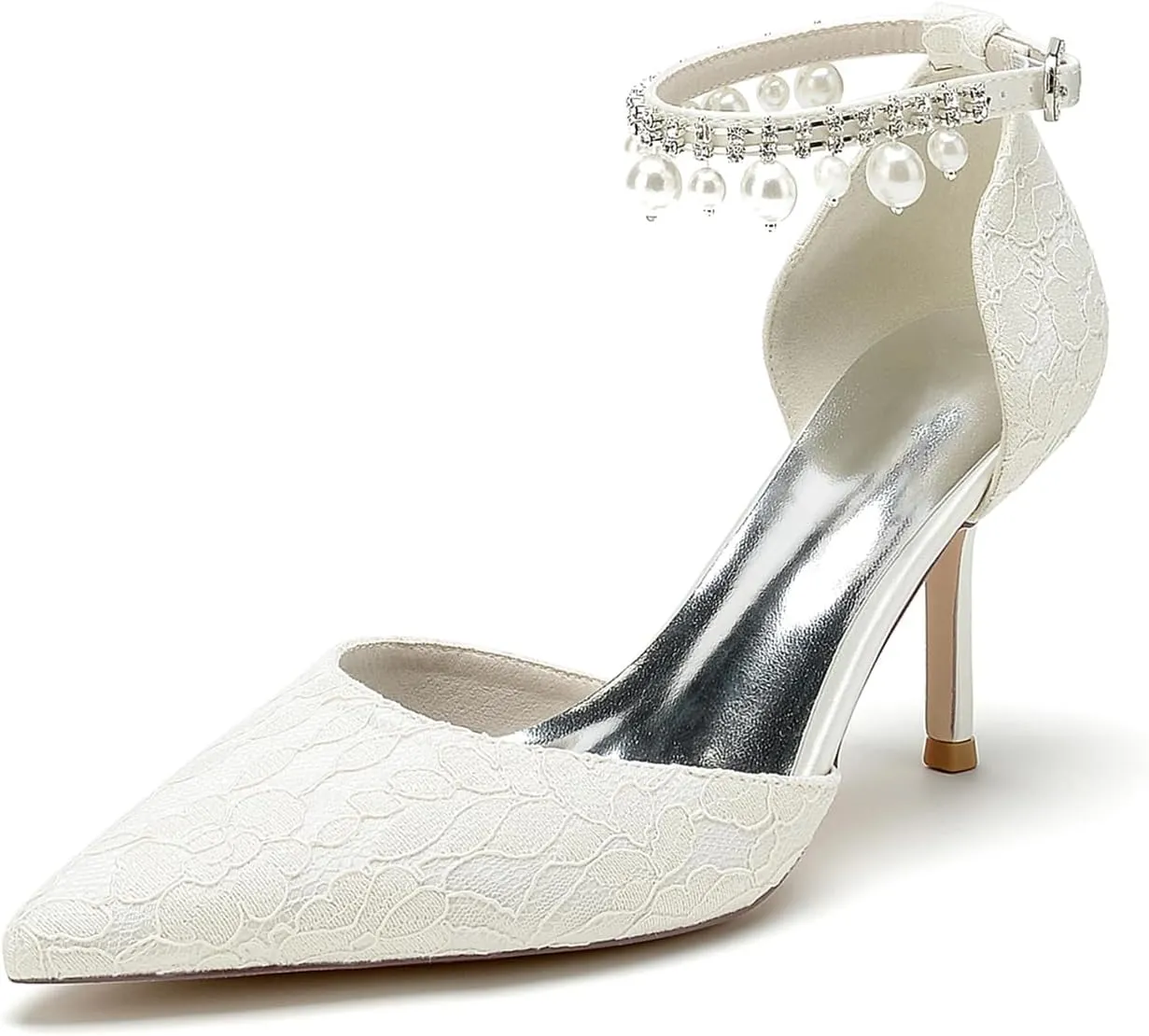 Women's Bridal Heels Lace & Pearl Ankle Strap Stiletto Pumps (3.34"/8.5cm) Elegant Closed-Toe Wedding Shoes for Party & Special Occasions