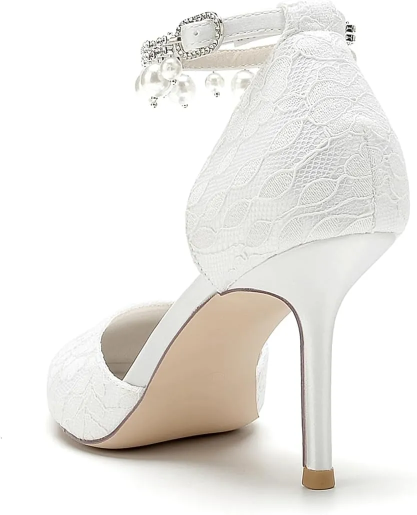 Women's Bridal Heels Lace & Pearl Ankle Strap Stiletto Pumps (3.34"/8.5cm) Elegant Closed-Toe Wedding Shoes for Party & Special Occasions