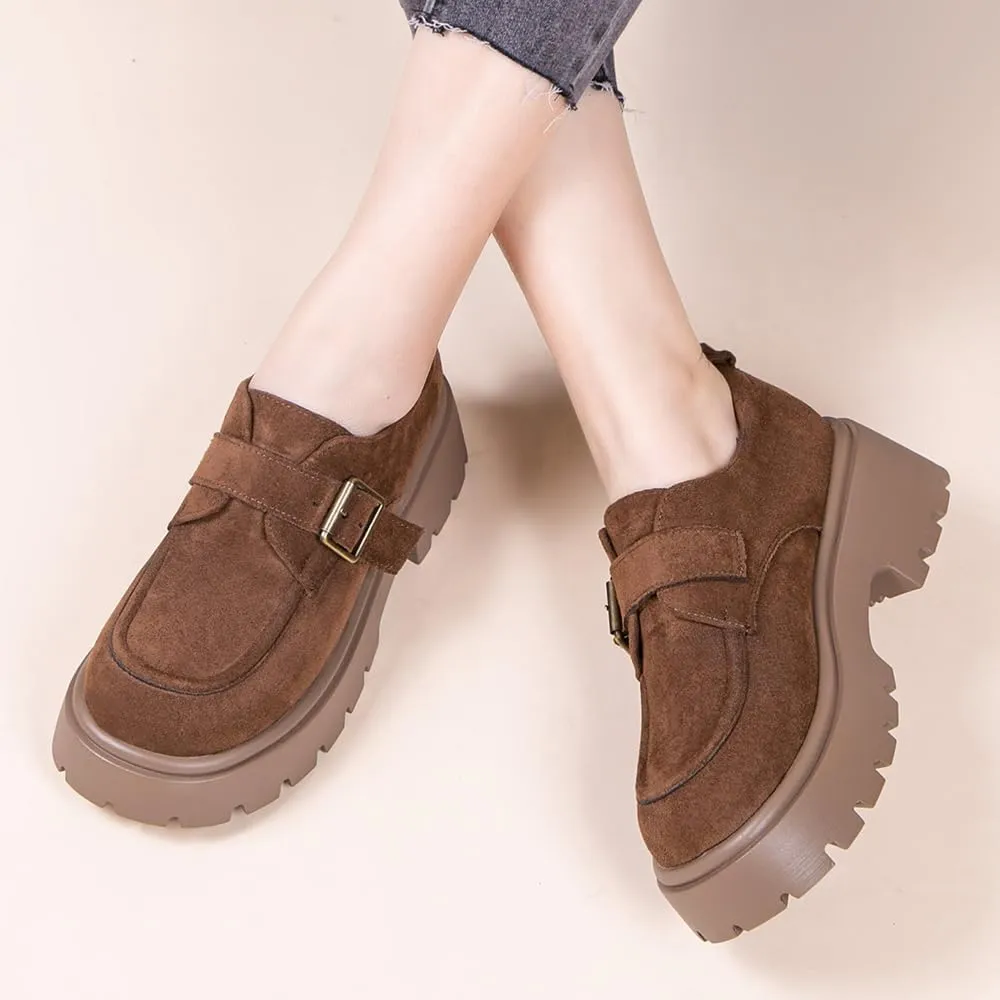 Women's Chunky Heel Platform Loafers, Suede Penny Loafers Slip On Comfort Casual Business Shoes