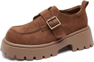 Women's Chunky Heel Platform Loafers, Suede Penny Loafers Slip On Comfort Casual Business Shoes