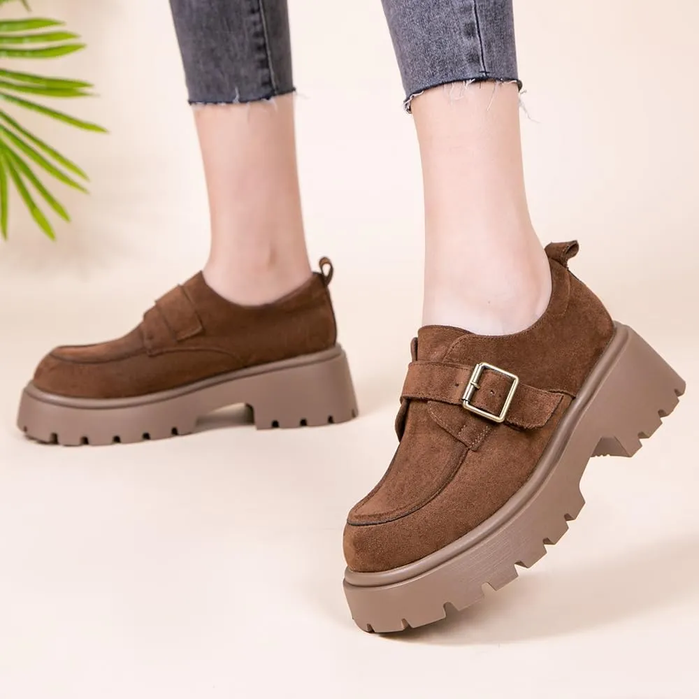 Women's Chunky Heel Platform Loafers, Suede Penny Loafers Slip On Comfort Casual Business Shoes