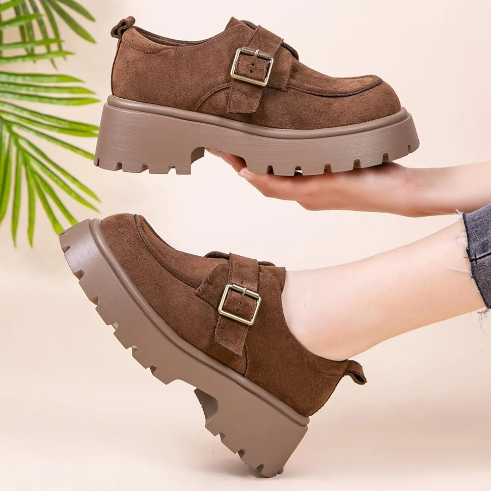 Women's Chunky Heel Platform Loafers, Suede Penny Loafers Slip On Comfort Casual Business Shoes