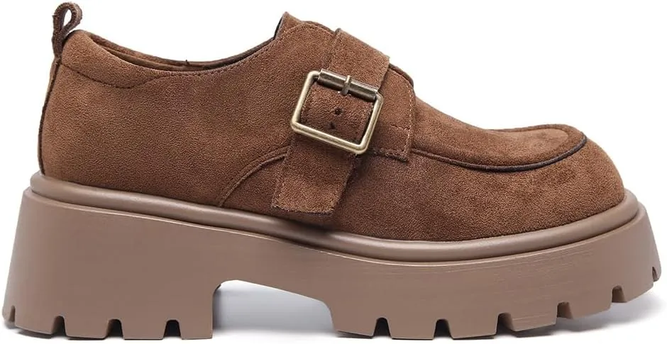 Women's Chunky Heel Platform Loafers, Suede Penny Loafers Slip On Comfort Casual Business Shoes