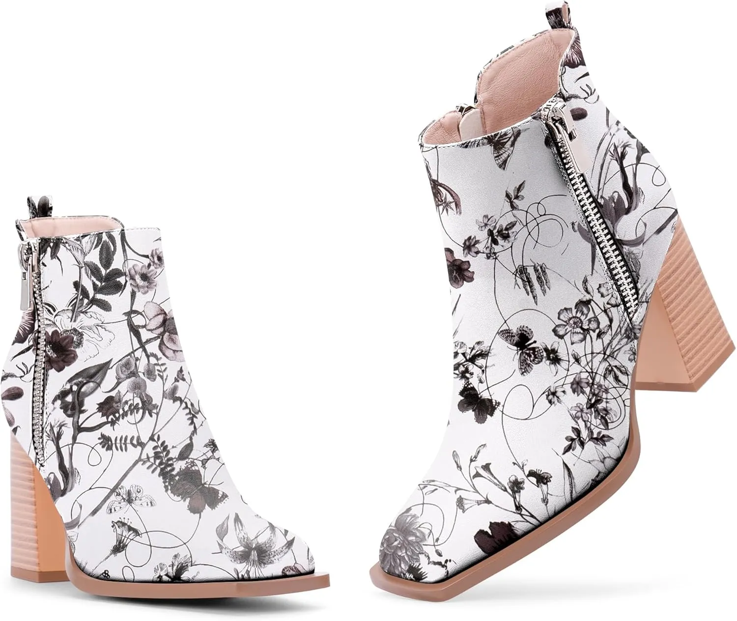 Women's Chunky High Heel Ankle Boots Side Zipper Square Toe Dress Booties
