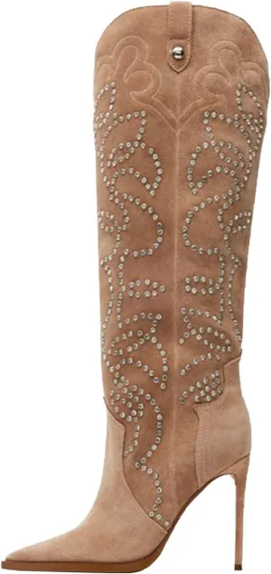 Women's Cowboy Boots Wide Calf Stiletto Knee High Fashion Pointed Toe Side Zipper High Heel Boots