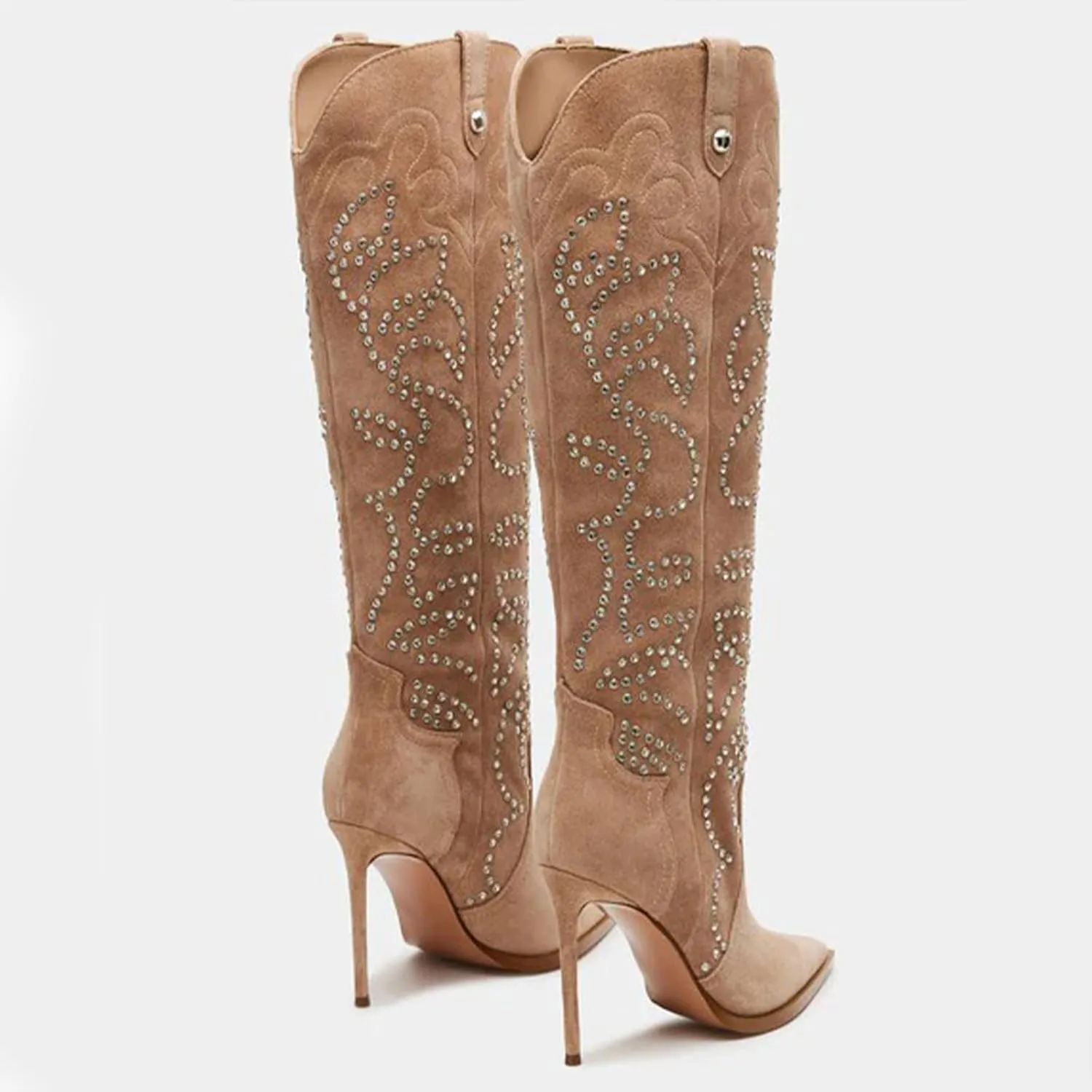 Women's Cowboy Boots Wide Calf Stiletto Knee High Fashion Pointed Toe Side Zipper High Heel Boots