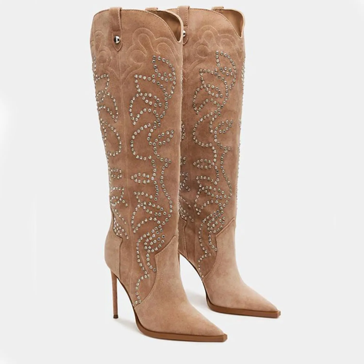 Women's Cowboy Boots Wide Calf Stiletto Knee High Fashion Pointed Toe Side Zipper High Heel Boots