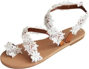 Women's Crochet Lace Flat Sandals Comfortable Beach Flats Floral Shoes for Summer, Casual Slip-On Design