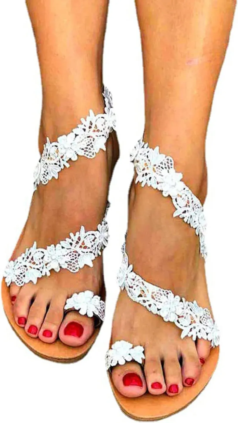 Women's Crochet Lace Flat Sandals Comfortable Beach Flats Floral Shoes for Summer, Casual Slip-On Design