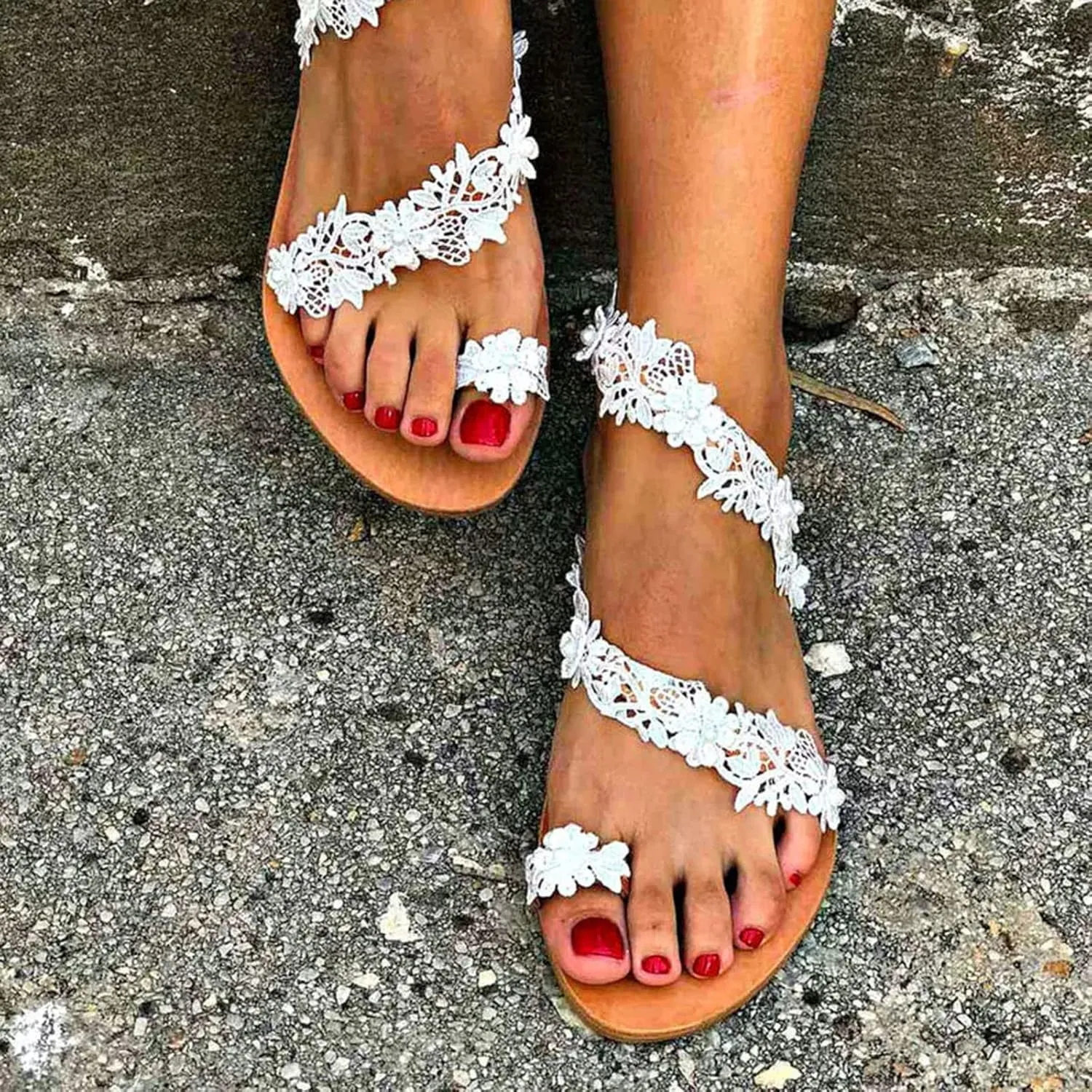 Women's Crochet Lace Flat Sandals Comfortable Beach Flats Floral Shoes for Summer, Casual Slip-On Design