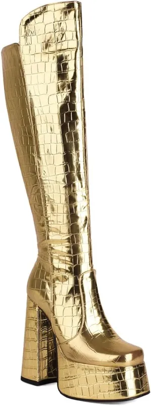 Women's Crocodile Chunky Heel Platform Square toe Knee High Boots Side Zipper Tall Boots Comfortable Stylish High heels Winter Boots