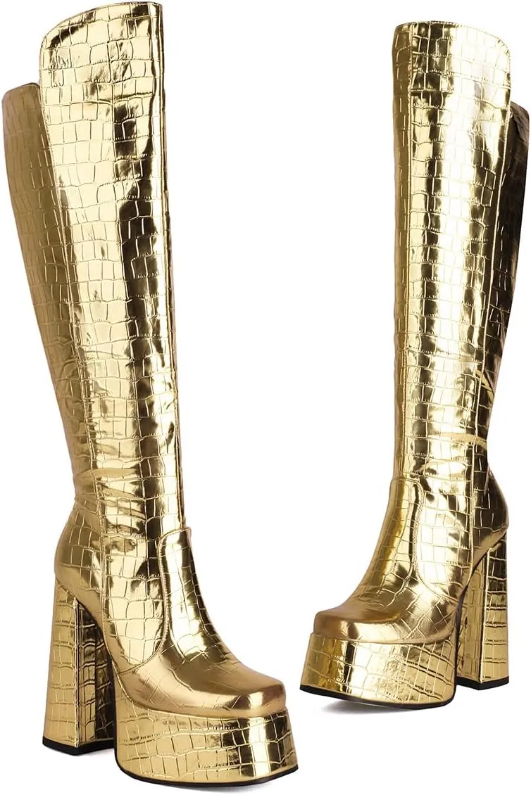 Women's Crocodile Chunky Heel Platform Square toe Knee High Boots Side Zipper Tall Boots Comfortable Stylish High heels Winter Boots