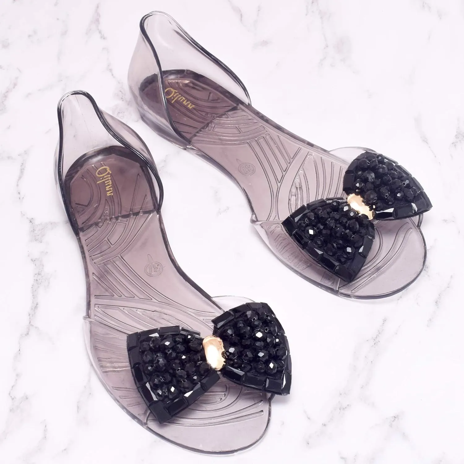Women's Crystal Sandals Bow Pearl D-orsay Jelly Slip on Outdoor Rain Flats Sandals