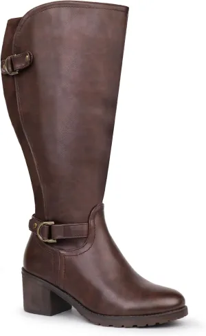 Women's Extra Wide Calf Knee High Riding Boots with Block Heel and Decorated Double Buckle