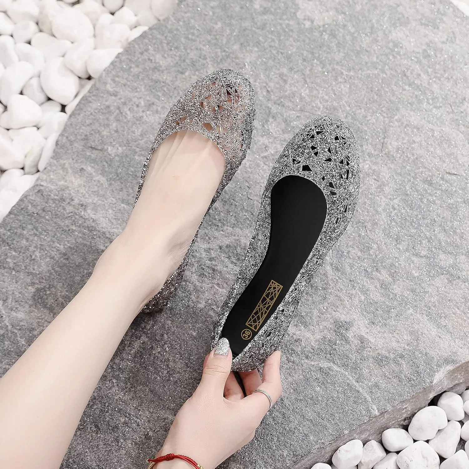 Women's Flat Crystal Jelly Hollow Out Loafers Shoes,Clear Glitter Slip On Summer Beach Sandals Breathable Anti-Slip Ballet Flat