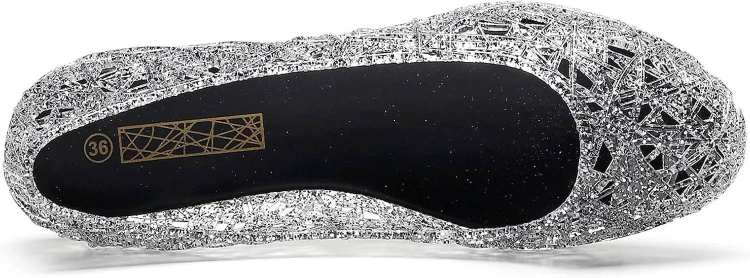 Women's Flat Crystal Jelly Hollow Out Loafers Shoes,Clear Glitter Slip On Summer Beach Sandals Breathable Anti-Slip Ballet Flat