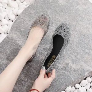 Women's Flat Crystal Jelly Hollow Out Loafers Shoes,Clear Glitter Slip On Summer Beach Sandals Breathable Anti-Slip Ballet Flat