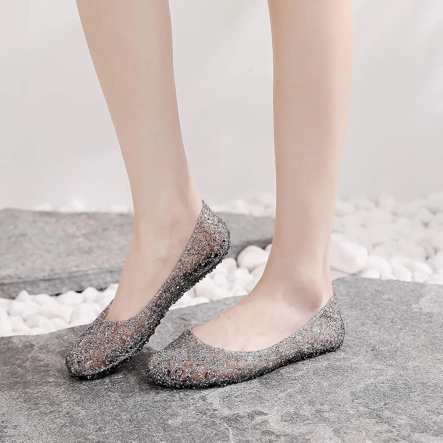 Women's Flat Crystal Jelly Hollow Out Loafers Shoes,Clear Glitter Slip On Summer Beach Sandals Breathable Anti-Slip Ballet Flat