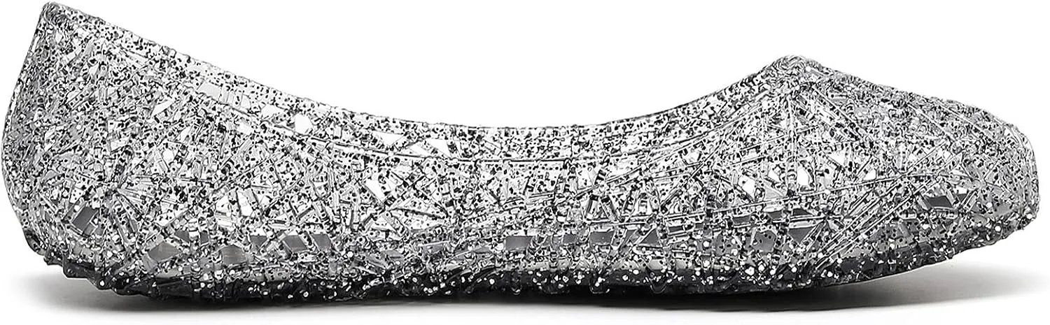 Women's Flat Crystal Jelly Hollow Out Loafers Shoes,Clear Glitter Slip On Summer Beach Sandals Breathable Anti-Slip Ballet Flat