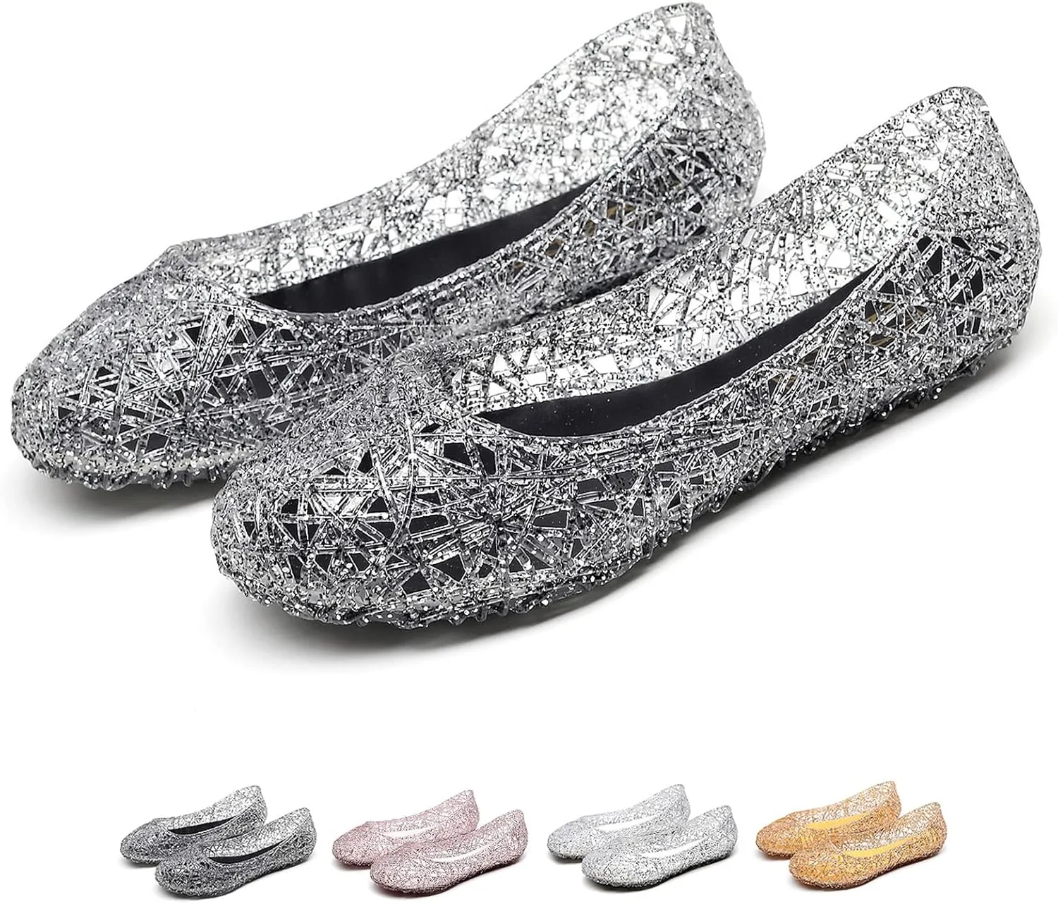Women's Flat Crystal Jelly Hollow Out Loafers Shoes,Clear Glitter Slip On Summer Beach Sandals Breathable Anti-Slip Ballet Flat