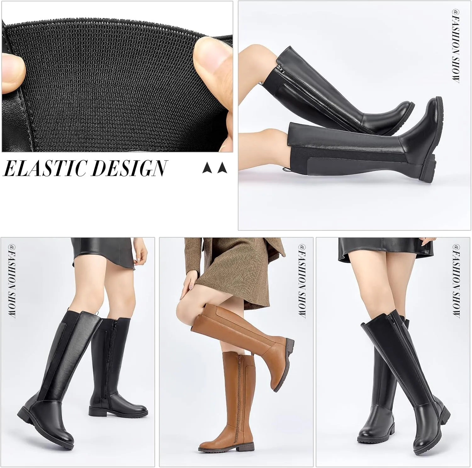 Women's Flat Low Heel Knee High Boot Fashion Extra Wide Calf Boots Side Zip Stretch Winter Booties