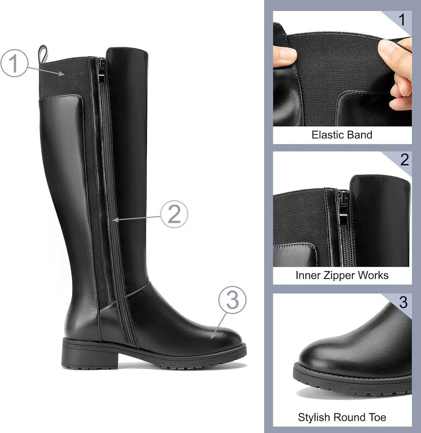 Women's Flat Low Heel Knee High Boot Fashion Extra Wide Calf Boots Side Zip Stretch Winter Booties
