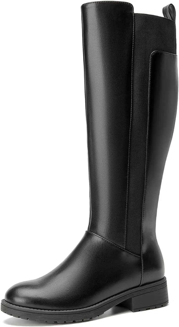 Women's Flat Low Heel Knee High Boot Fashion Extra Wide Calf Boots Side Zip Stretch Winter Booties