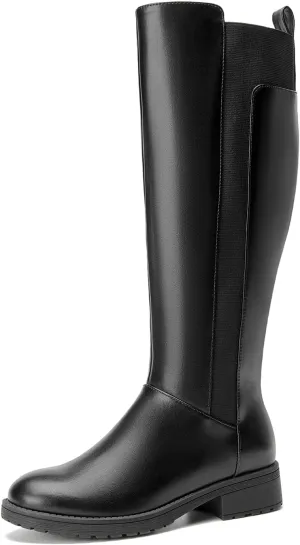 Women's Flat Low Heel Knee High Boot Fashion Extra Wide Calf Boots Side Zip Stretch Winter Booties